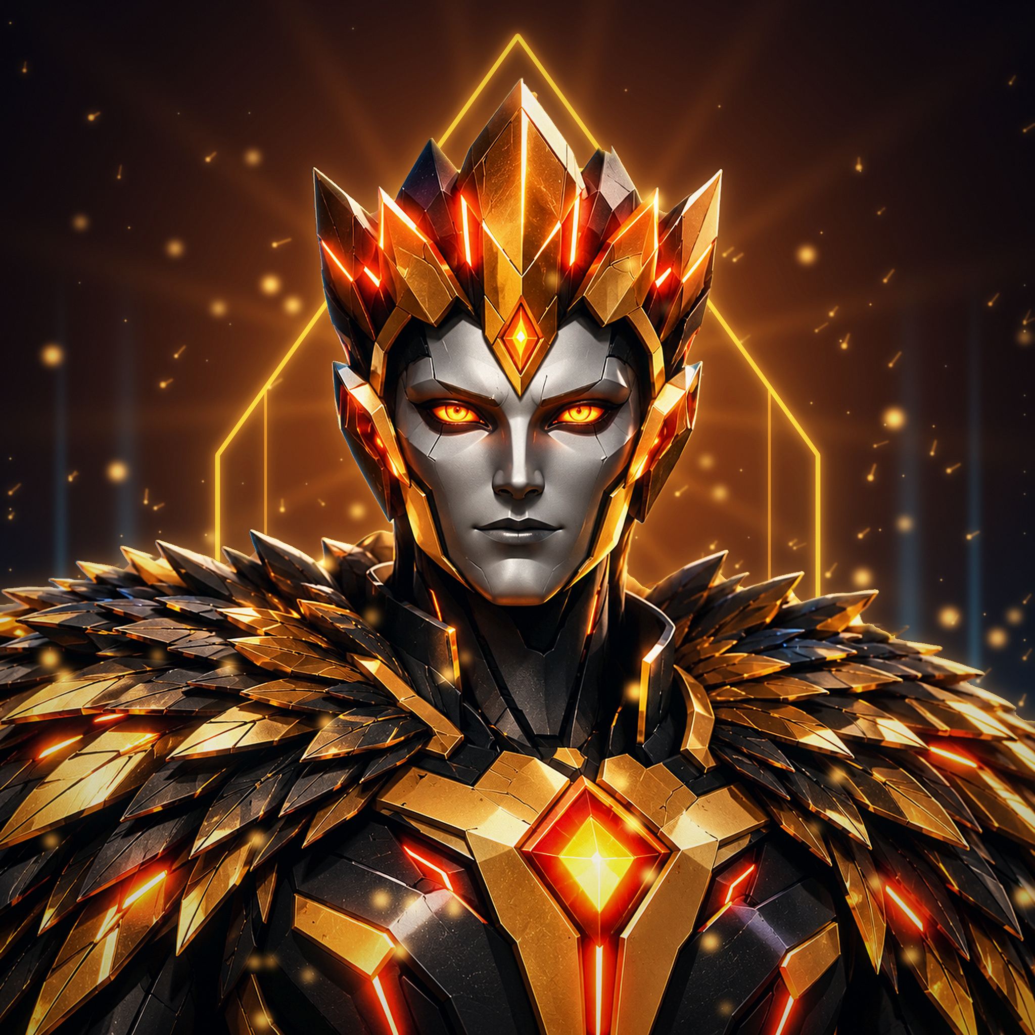 Close-up portrait of PRIME wearing his gold crown and black-and-gold armor
