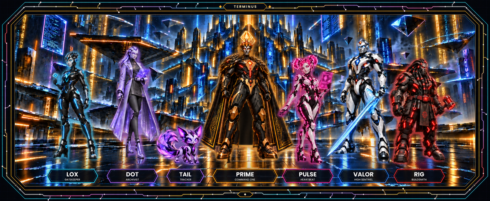 LOX, DOT, TAIL, PRIME, PULSE, VALOR, and RIG stand together in TERMINUS. TAIL works alongside DOT in the Archives.